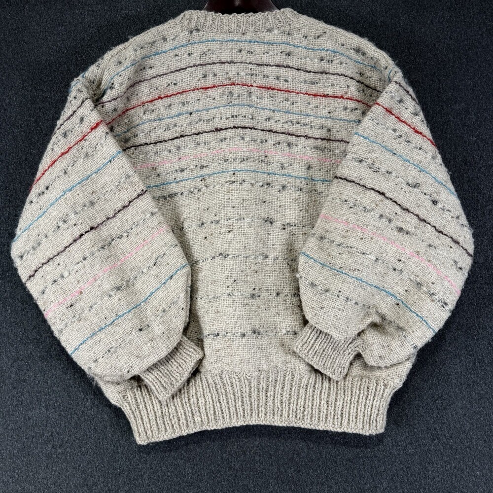 Vintage Willow Weavers Ireland Wool Cardigan Sweater L Cream Striped Handwoven - Picture 2 of 6